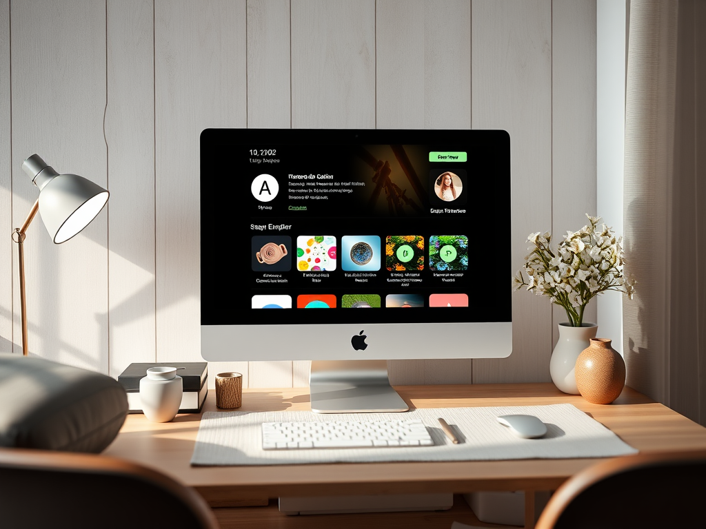 Стильный офис с компьютером Apple, цветами на столе и уютным освещением. На экране различные приложения.