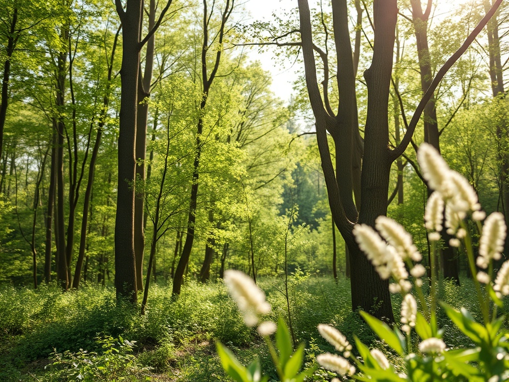 Лесная поляна с зелеными деревьями и цветами на переднем плане, залитая солнечным светом.
