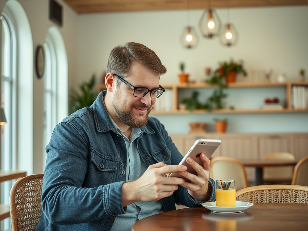 Мужчина в джинсовке сидит за столом с телефоном и стаканом сока в уютном кафе.