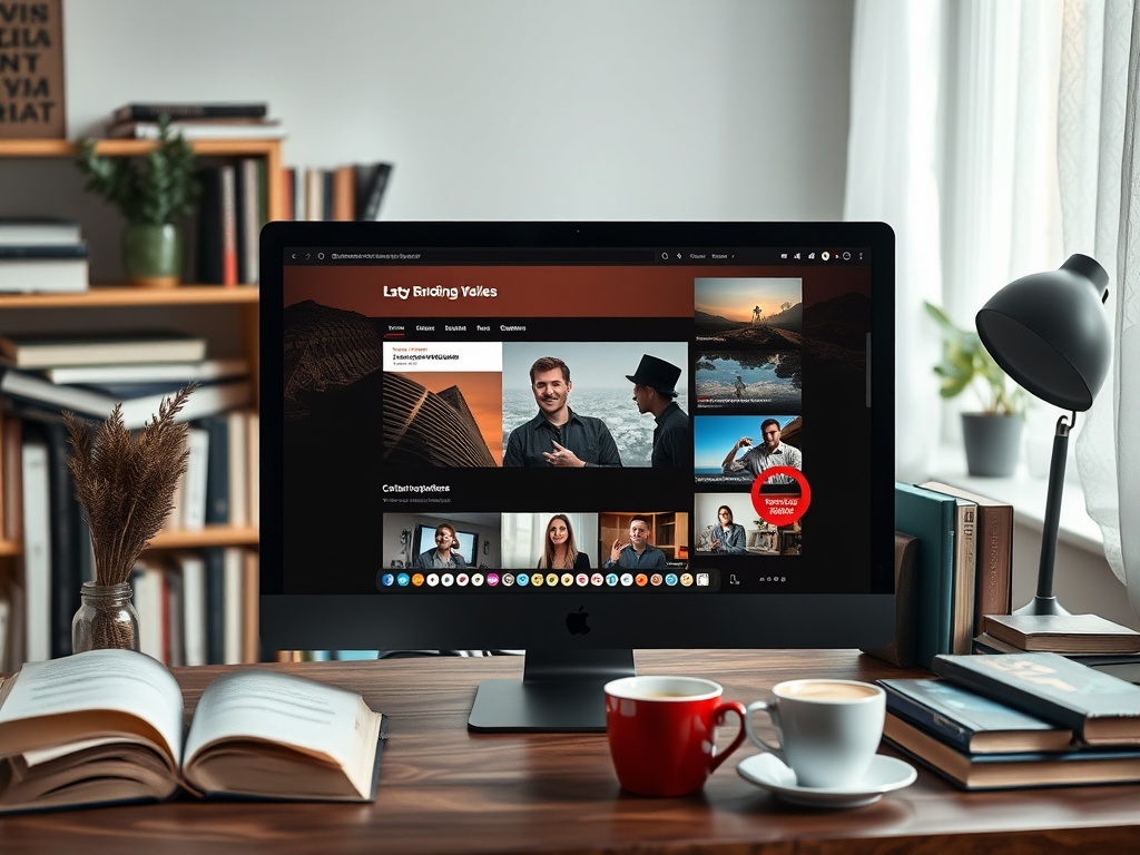 На экране компьютера открыта веб-страница с изображениями людей и текстом, на столе книги и чашки.