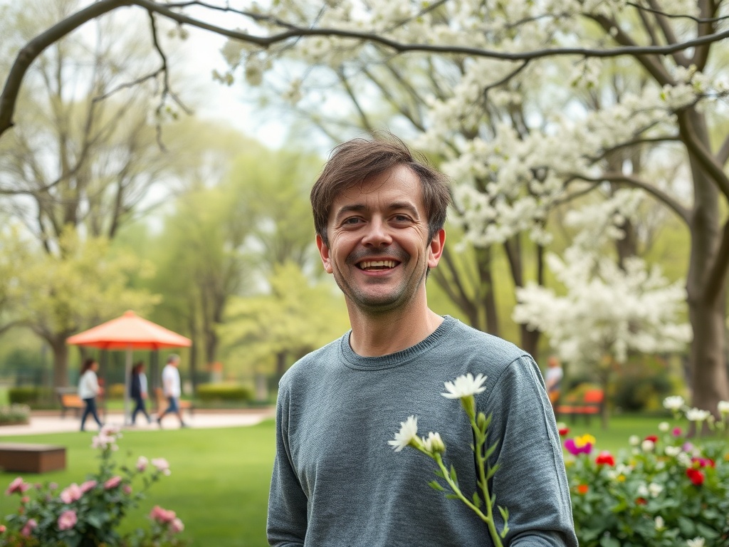 На фото улыбающийся молодой человек с цветами на фоне цветущего парка. Весенний день, яркая зелень.