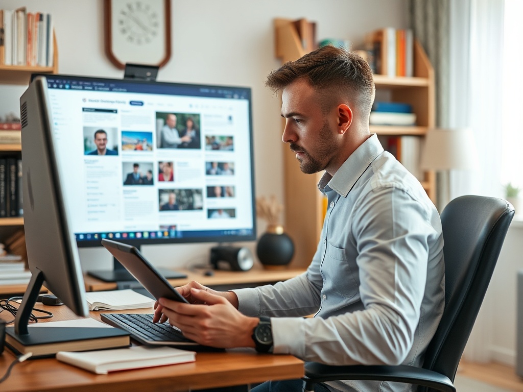 Мужчина сидит за столом, работает на компьютере и планшете в уютном домашнем офисе.