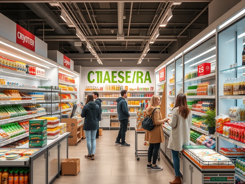 В магазине с полками, заполненными продуктами, люди выбирают товары и общаются между собой.