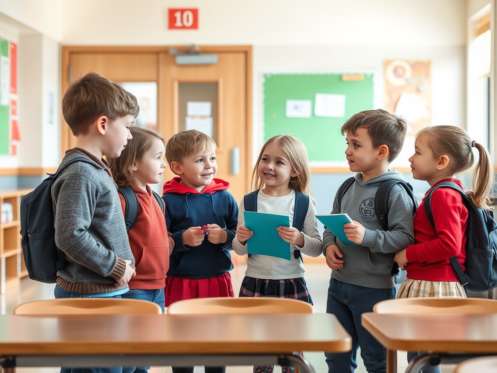 Группа детей в школе обсуждает что-то весёлое, держа в руках блокноты и улыбаются друг другу.