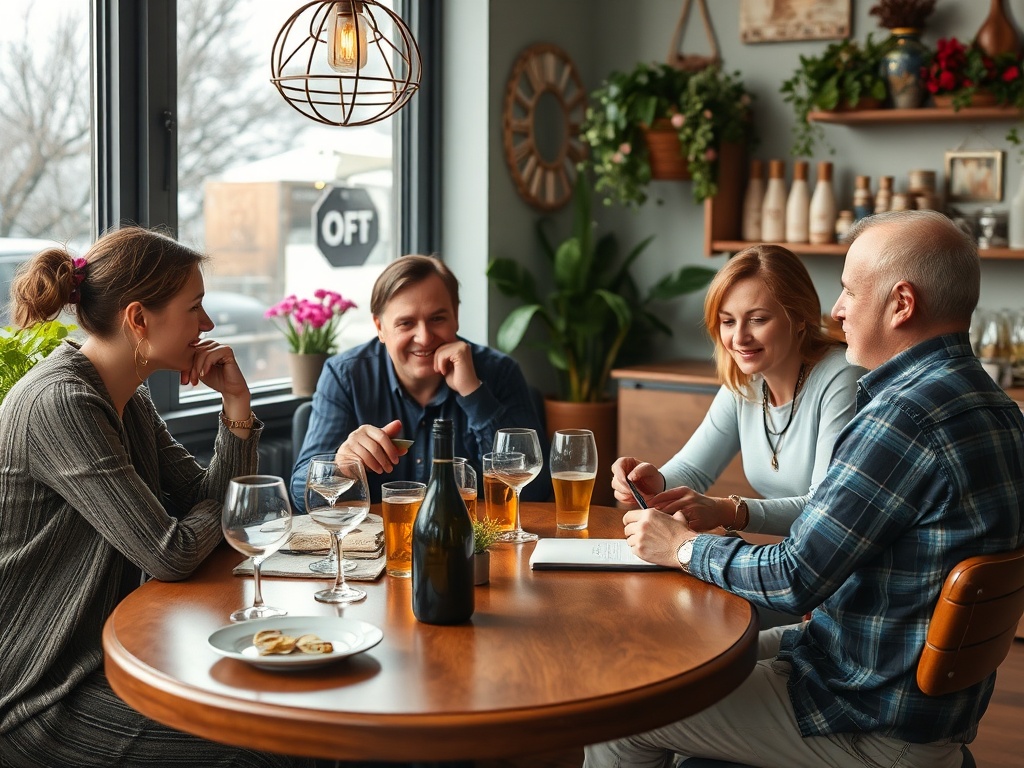 Четыре человека обсуждают что-то за столом в уютном кафе, наслаждаясь напитками и закусками.
