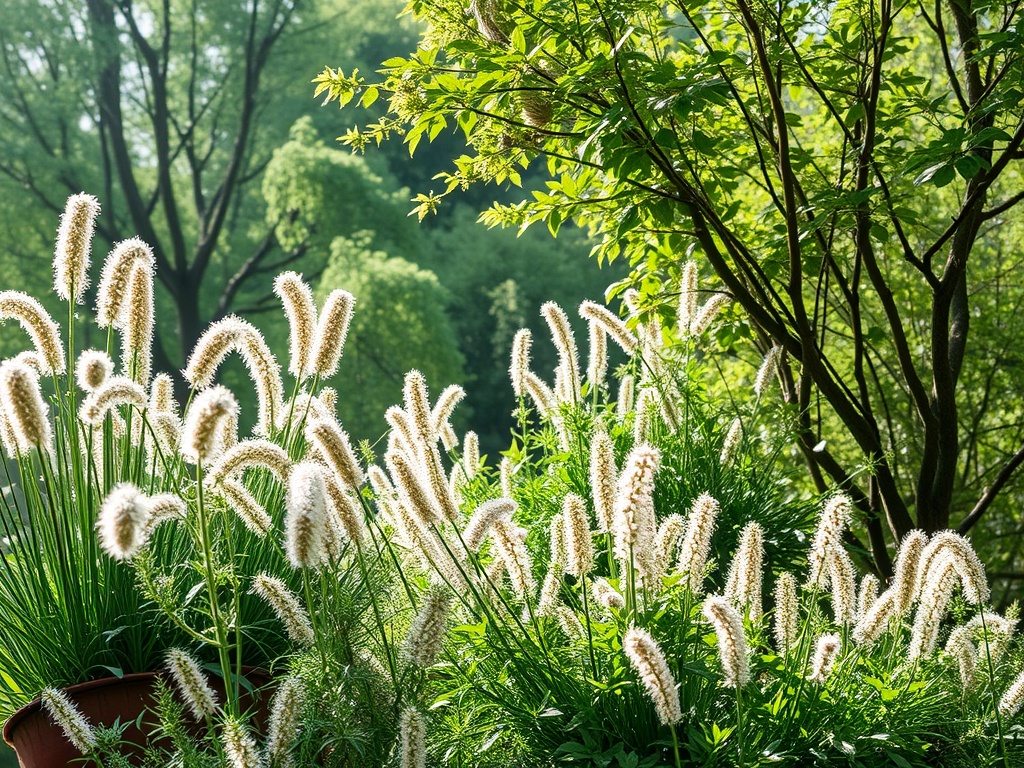 Зеленый сад с высокими травами и нежными белыми соцветиями на фоне деревьев. Светит солнце.