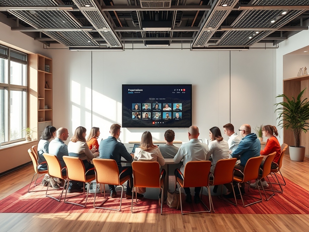 Группа людей сидит за столом в конференц-зале, смотря на экран с видеозвонком.
