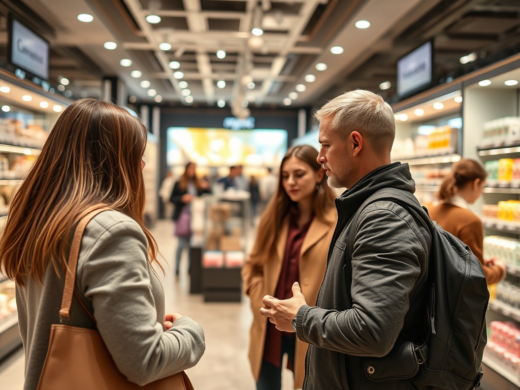Группа людей обсуждает товары в магазине. Яркое освещение и современный интерьер.