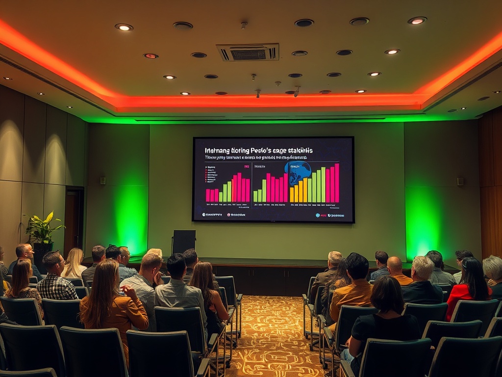 В зале проходит презентация с графиками и диаграммами, зрители внимательно слушают спикера.