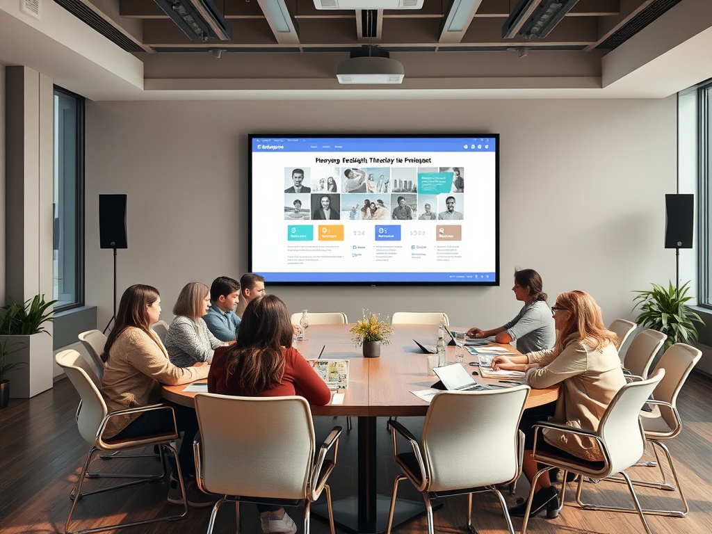 На совещании в современном офисе команда обсуждает работу с презентацией на большом экране.