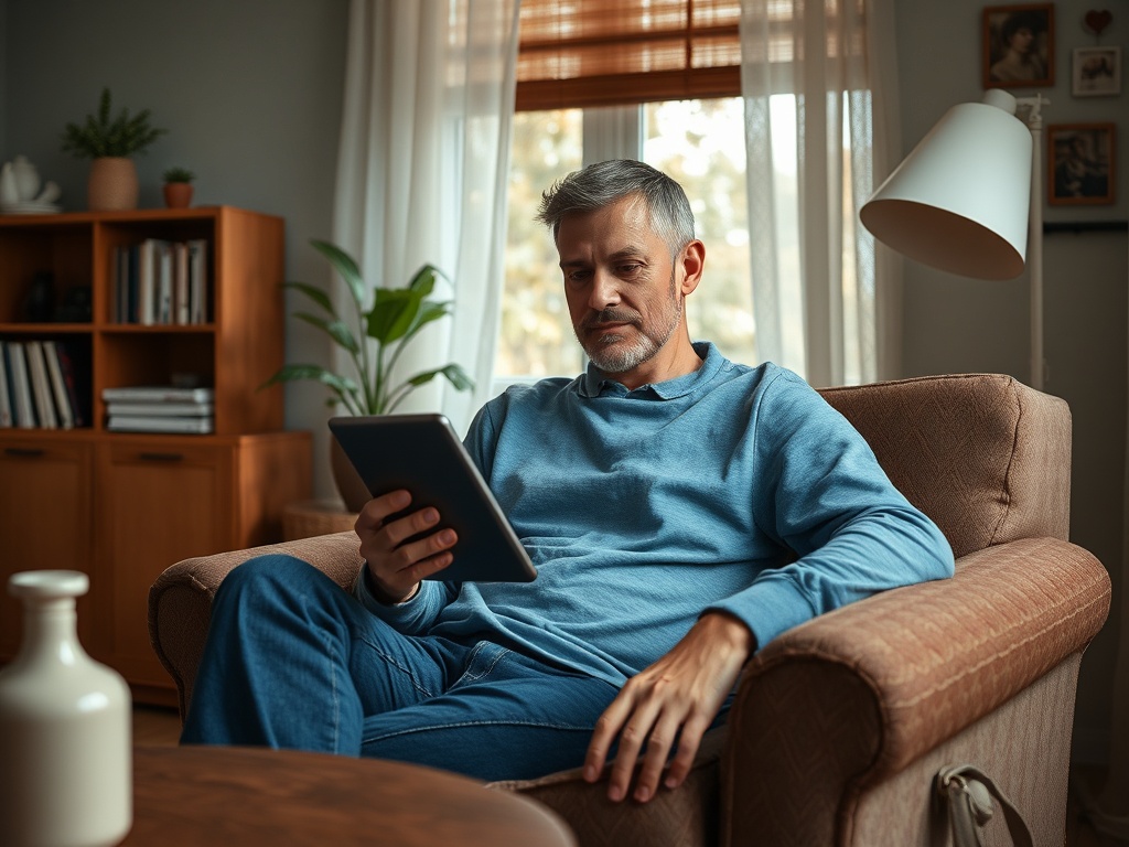 Мужчина читает на планшете, сидя в уютном кресле в современной гостиной с мягким светом.