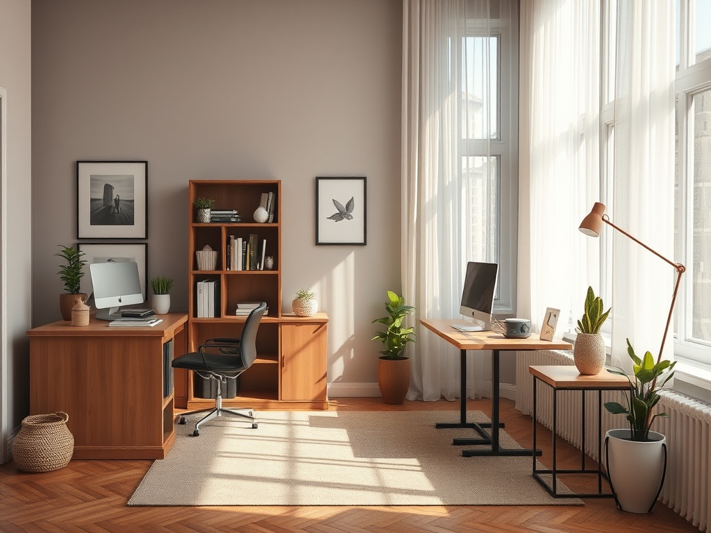 Светлый офис с деревянной мебелью, растениями и современными рабочими местами. Большие окна наполняют пространство светом.