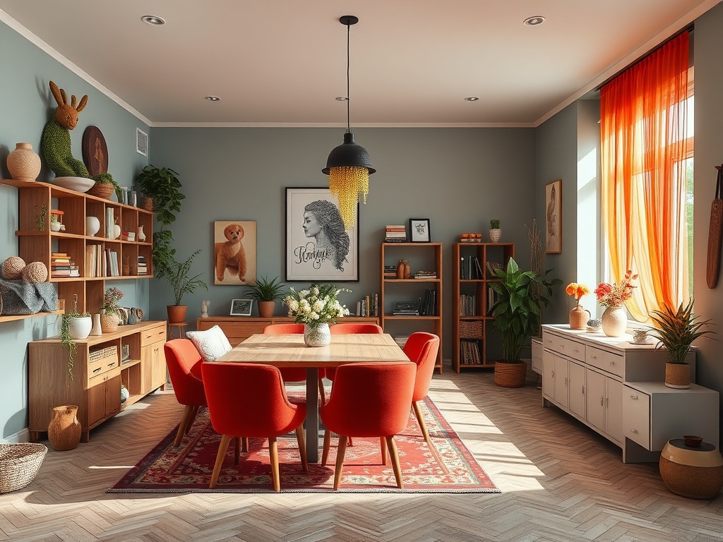 Уютная столовая с деревянной мебелью, красными стульями и обилием зелени, яркие шторы и художественные детали.