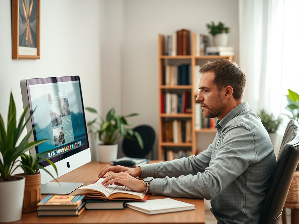 Мужчина за столом работает за компьютером, рядом книги и растения в уютном офисе.