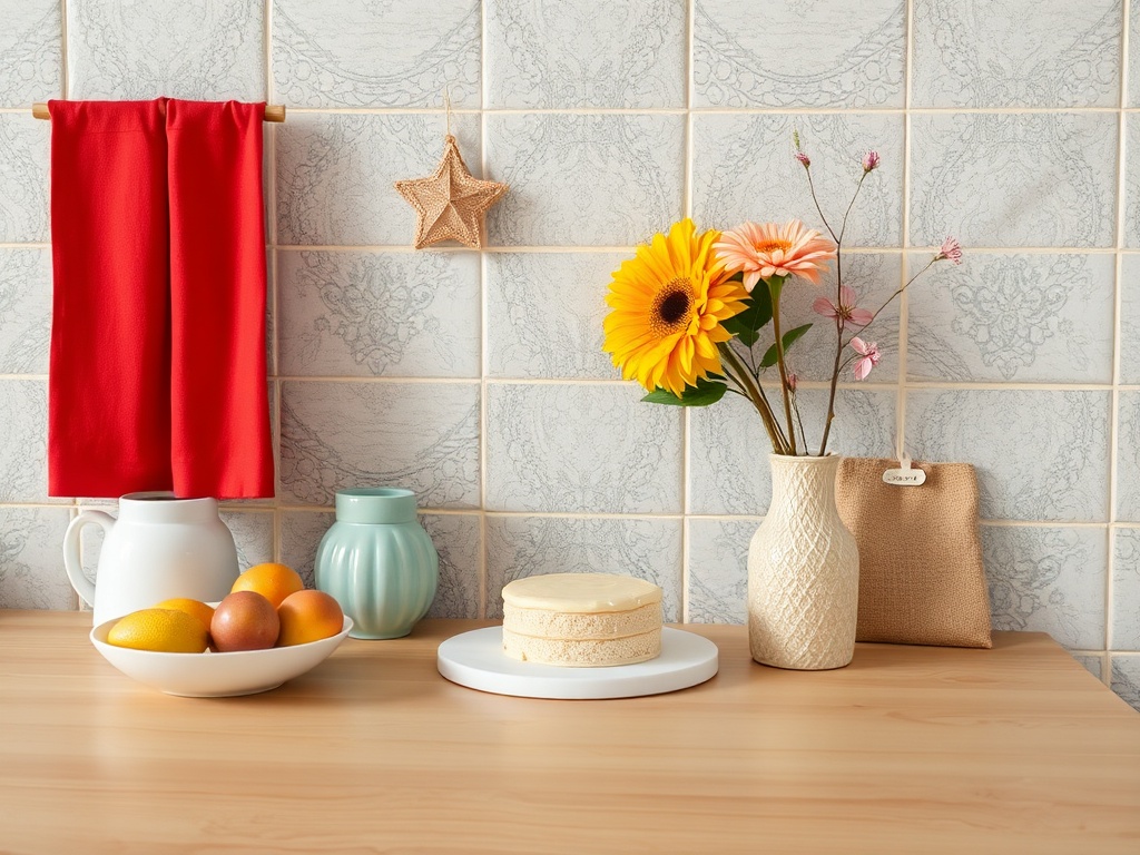 На столе стоят цветы в вазе, торт, фрукты, чайник и декоративные элементы на фоне плитки.