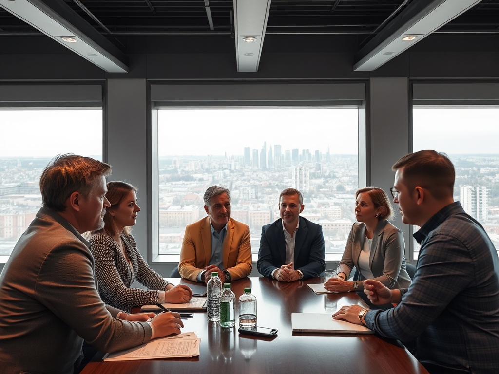 Группа людей обсуждает идеи на деловой встрече с видом на город через окно.