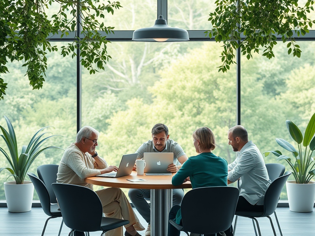 Группа людей за круглым столом в офисе, обсуждающих идеи с ноутбуками на фоне зелёного сада.