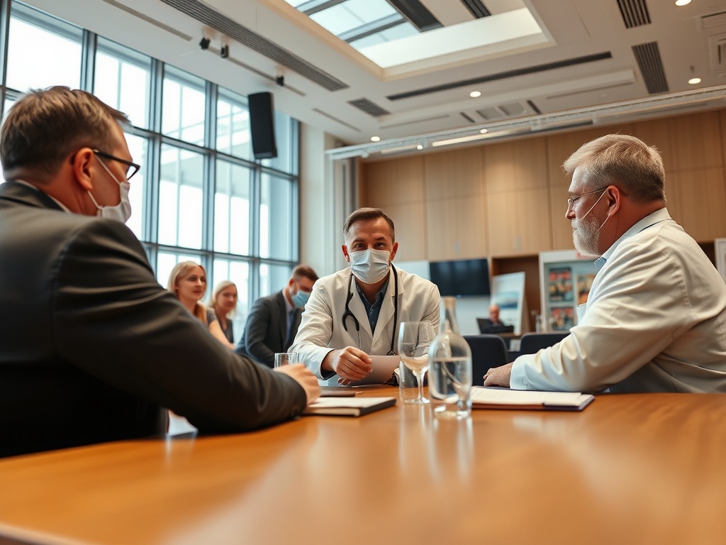 Группа людей в медицинской одежде обсуждает что-то за столом в светлом офисе. Надеты маски.