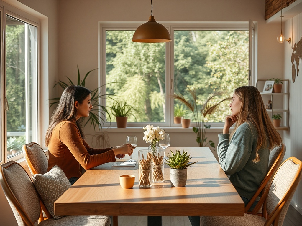 Две женщины в уютной комнате обсуждают что-то за столом, окруженные растениями и солнечным светом.