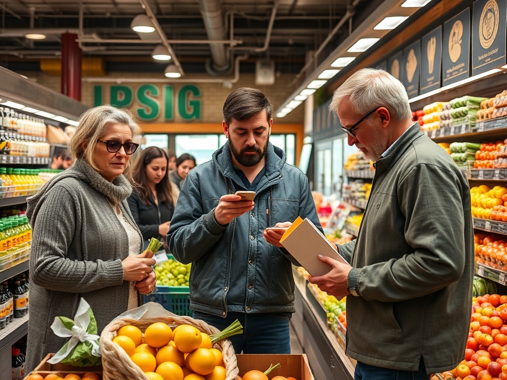 На рынке несколько человек, обсуждающих покупки. Оранжевые апельсины в корзине на переднем плане.