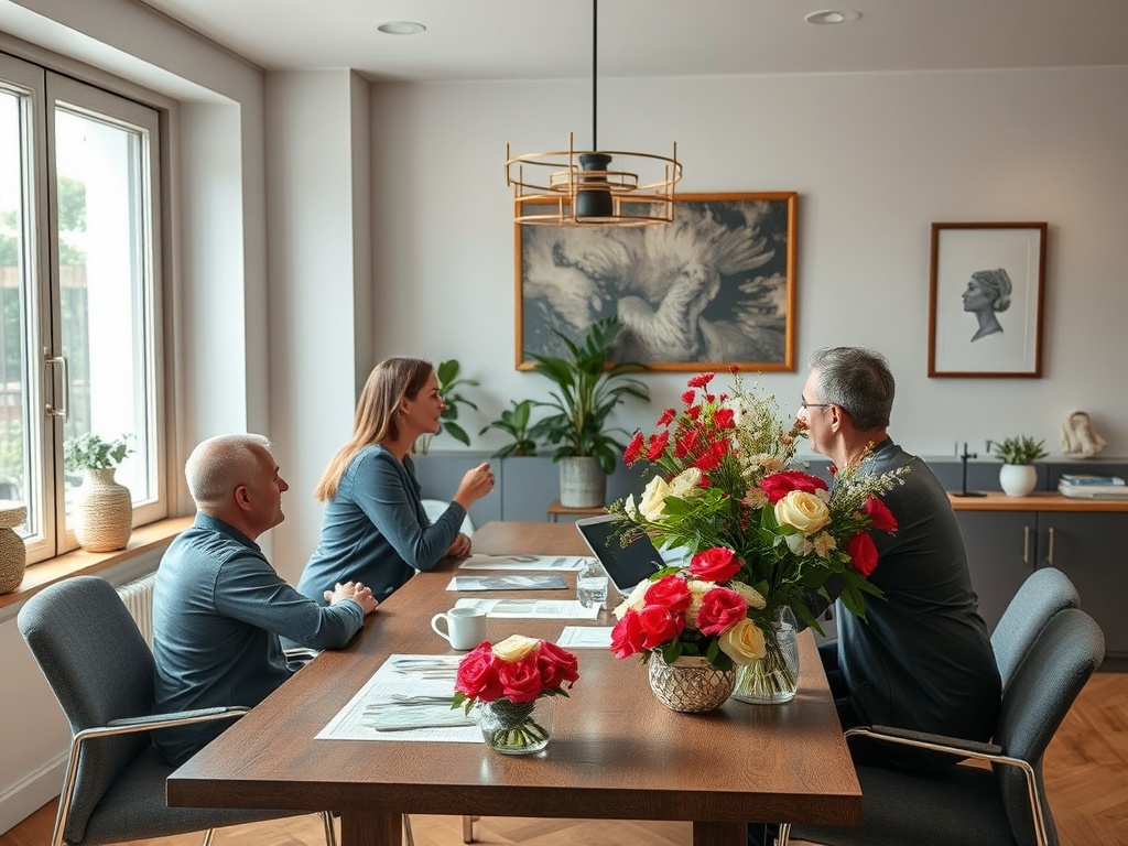 На изображении трое людей обсуждают что-то за столом, окруженным цветами в помещении с большими окнами.