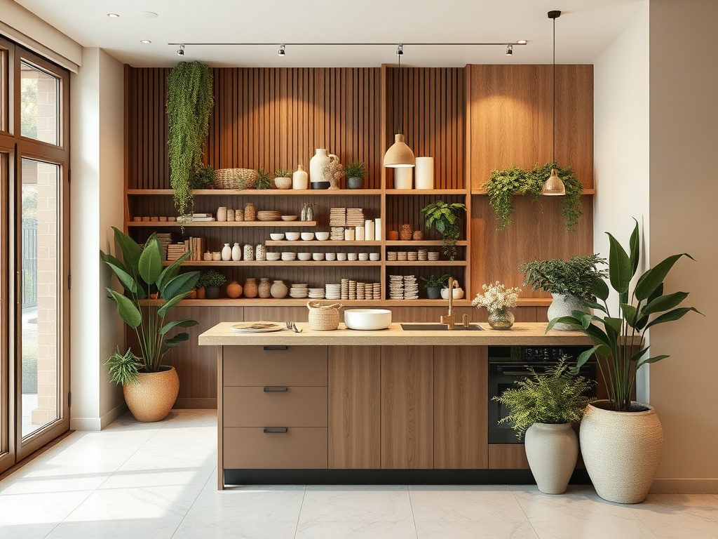 Современная кухня с деревянными шкафчиками, растениями и столешницей из светлого камня. Уютная атмосфера.
