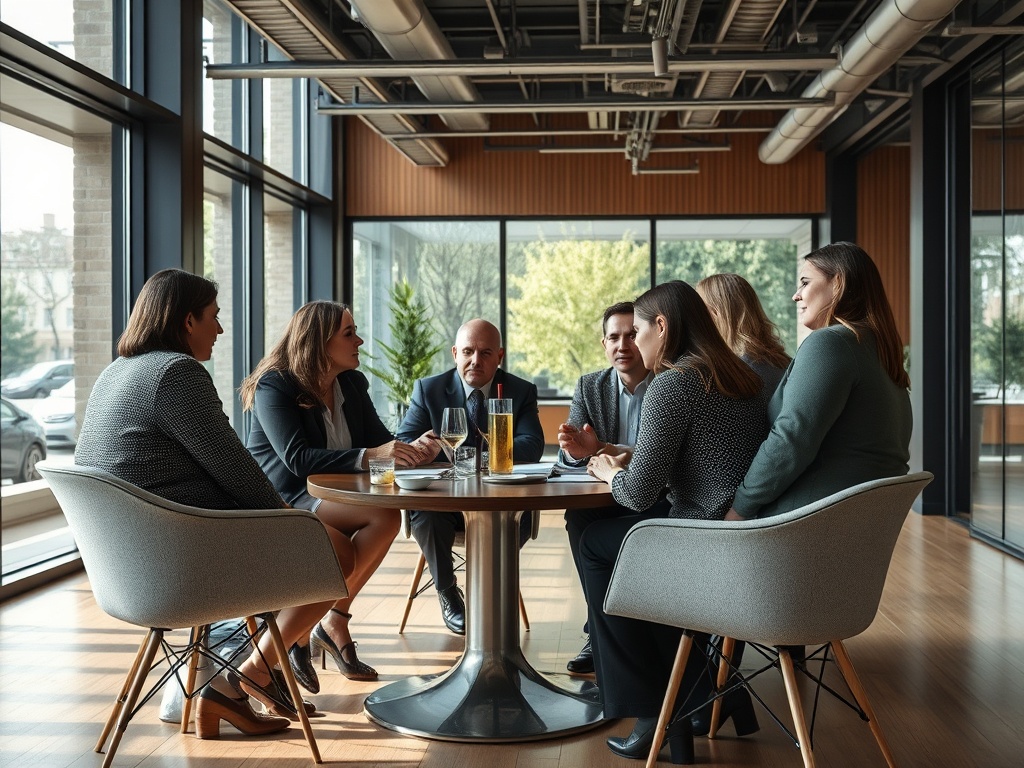 В современном офисе группа из восьми человек обсуждает идеи за круглым столом. Окна выходят на улицу.