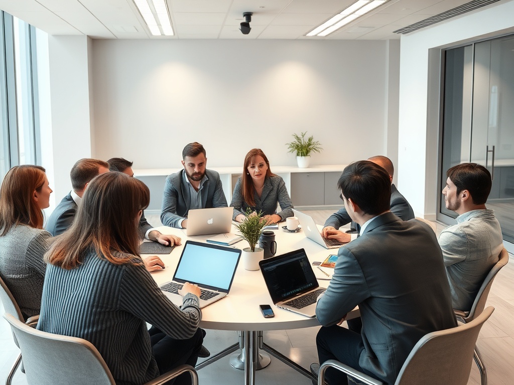 Группа людей обсуждает планы на встрече в современном офисе с ноутбуками и чашками кофе.