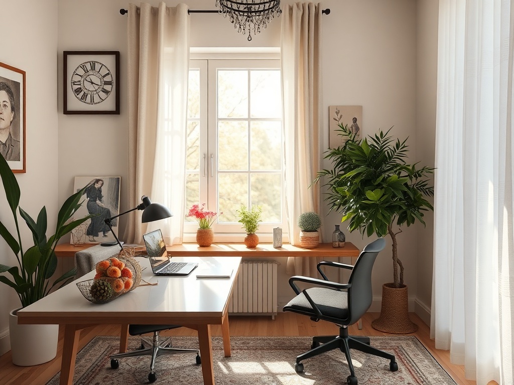 Светлый офис с большим окном, растениями, столом и компьютером. Уютная атмосфера для работы.