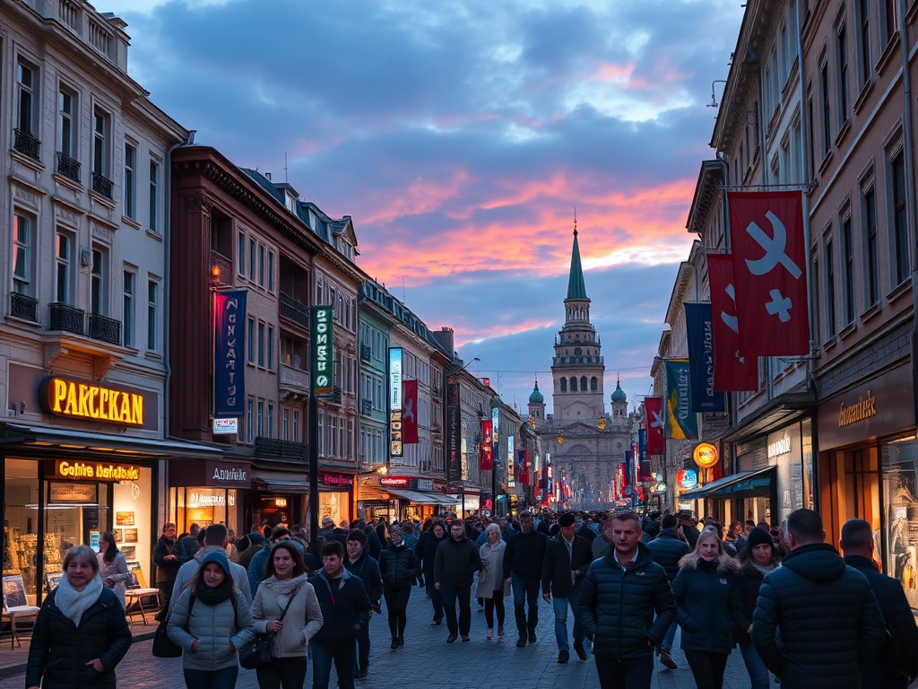 Улица с людьми, магазинами и флагами на фоне вечернего неба и башни с зелёной крышей.