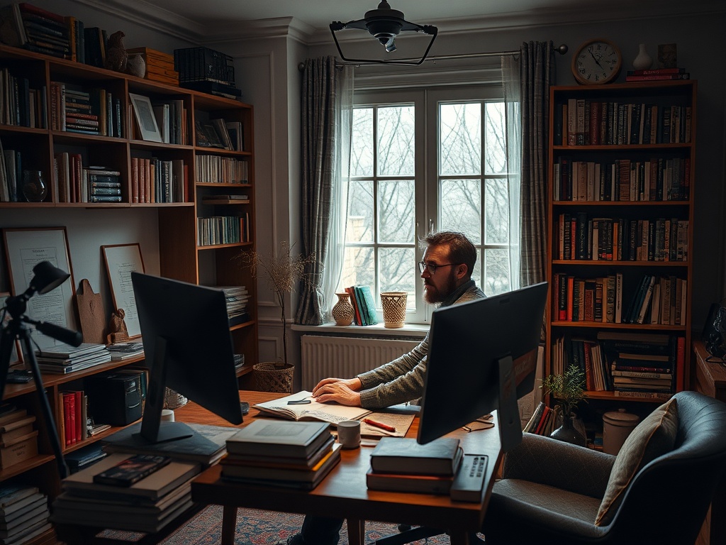 Человек работает за столом в уютном офисе, окруженном книгами и мягким естественным светом.