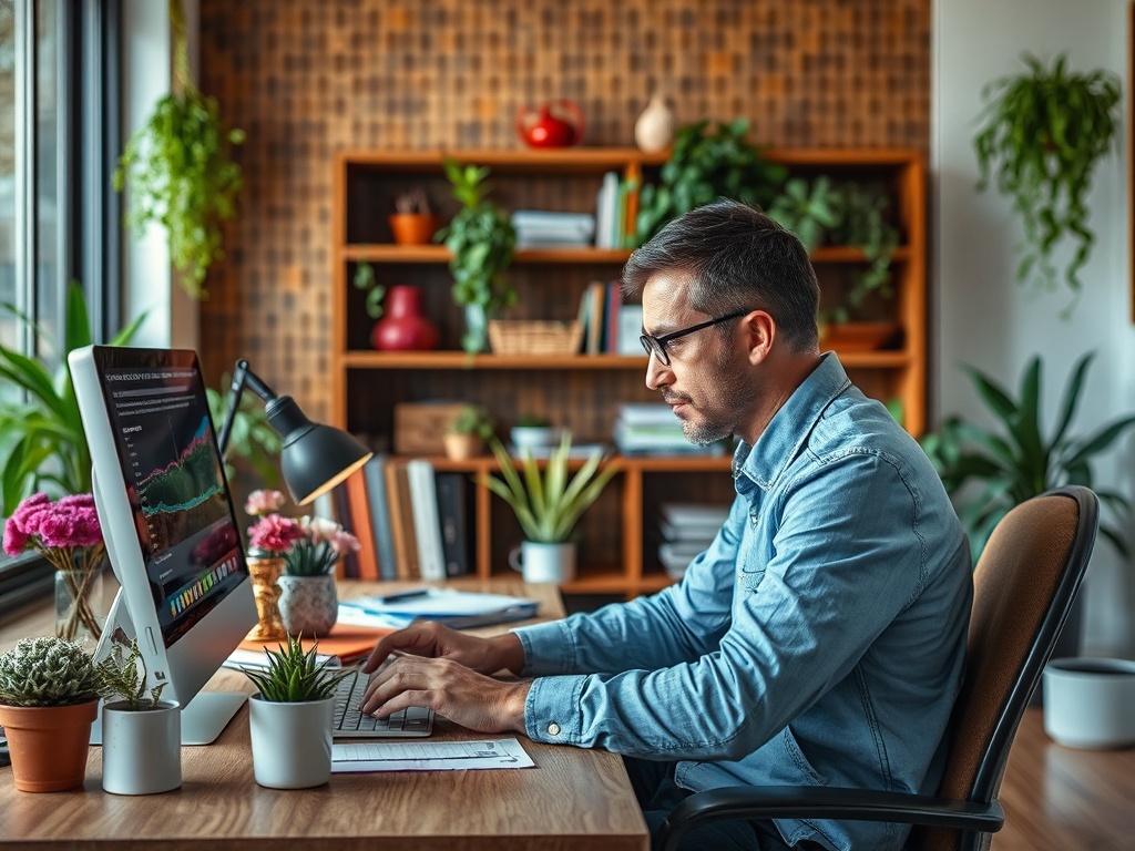 Мужчина работает за компьютером в уютном офисе с растениями на столе и книжными полками на фоне.