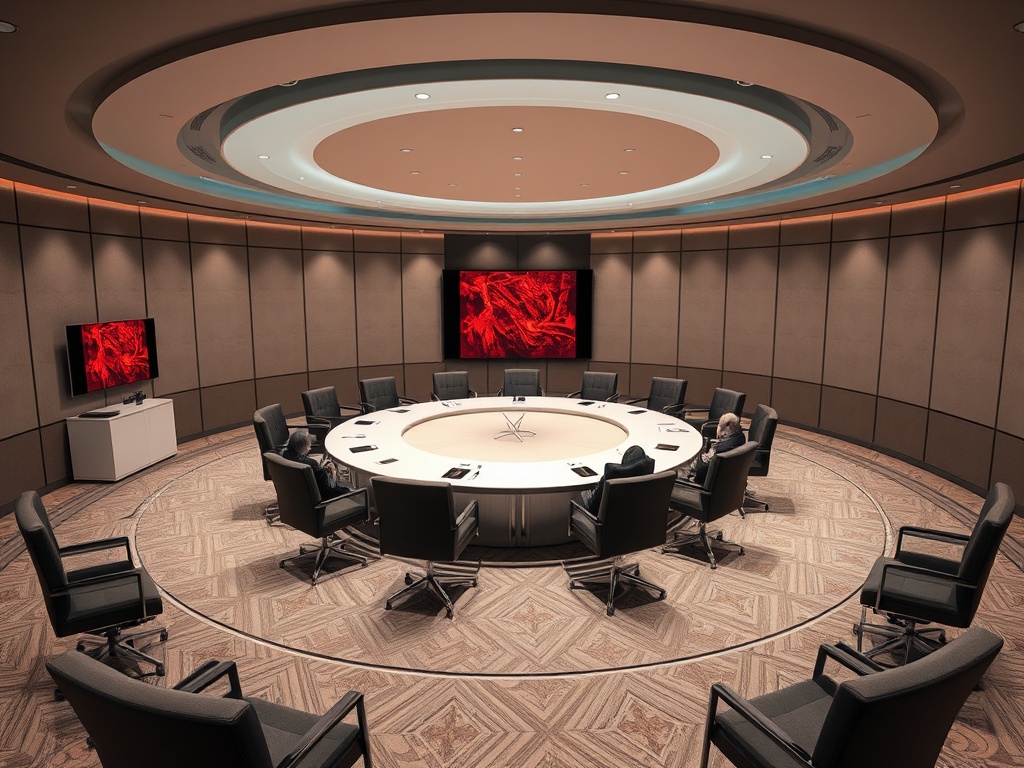 Современный зал заседаний с круглым столом и черными креслами, на стене красная картина.