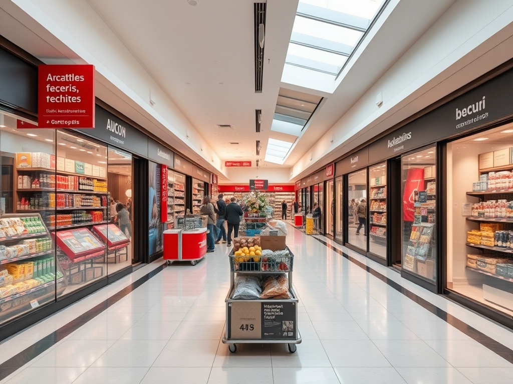 Торговый центр с магазинами и покупателями, тележка с продуктами на первом плане.