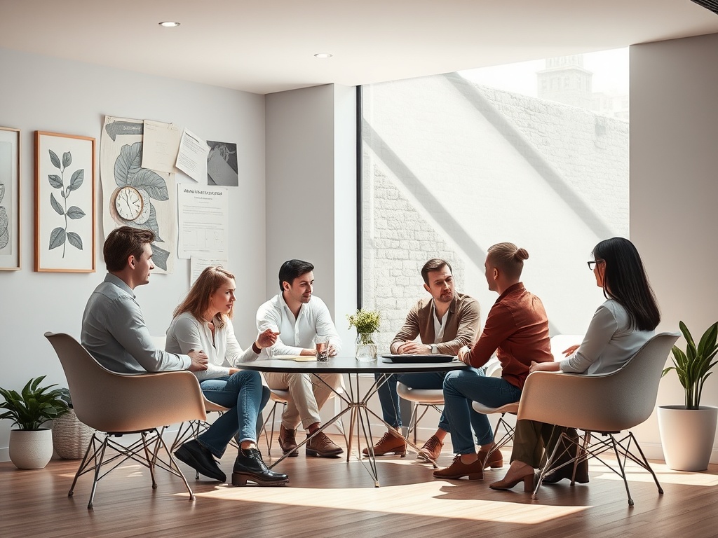 Группа людей обсуждает идеи в современном офисе, общаясь за стеклянным столом на фоне растений.