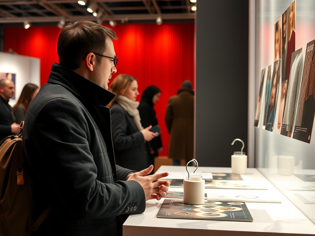 На выставке мужчина изучает презентацию, другие посетители рассматривают экспонаты в фоновом режиме.