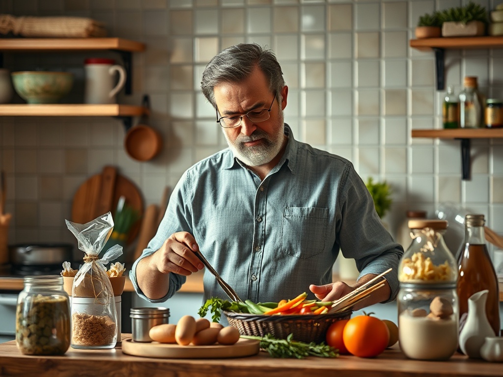 Пожилой мужчина готовит блюда на кухне, окружённый свежими овощами и ингредиентами в банках.