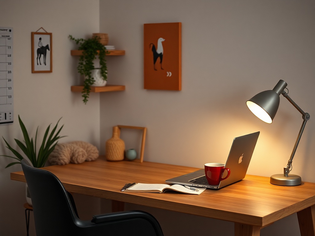 Современный офис: стол с ноутбуком, чашкой кофе и настольной лампой на фоне уютных картин.