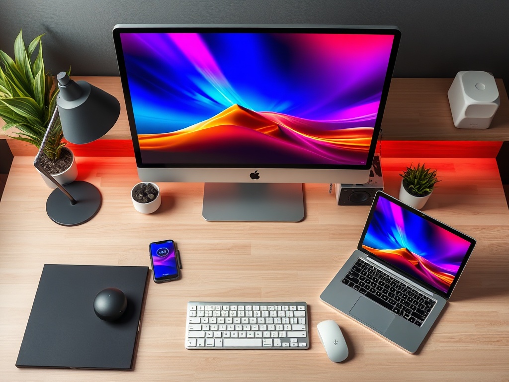 Современный рабочий стол с iMac, MacBook, клавиатурой, мышью и зелеными растениями на фоне ярких экранов.