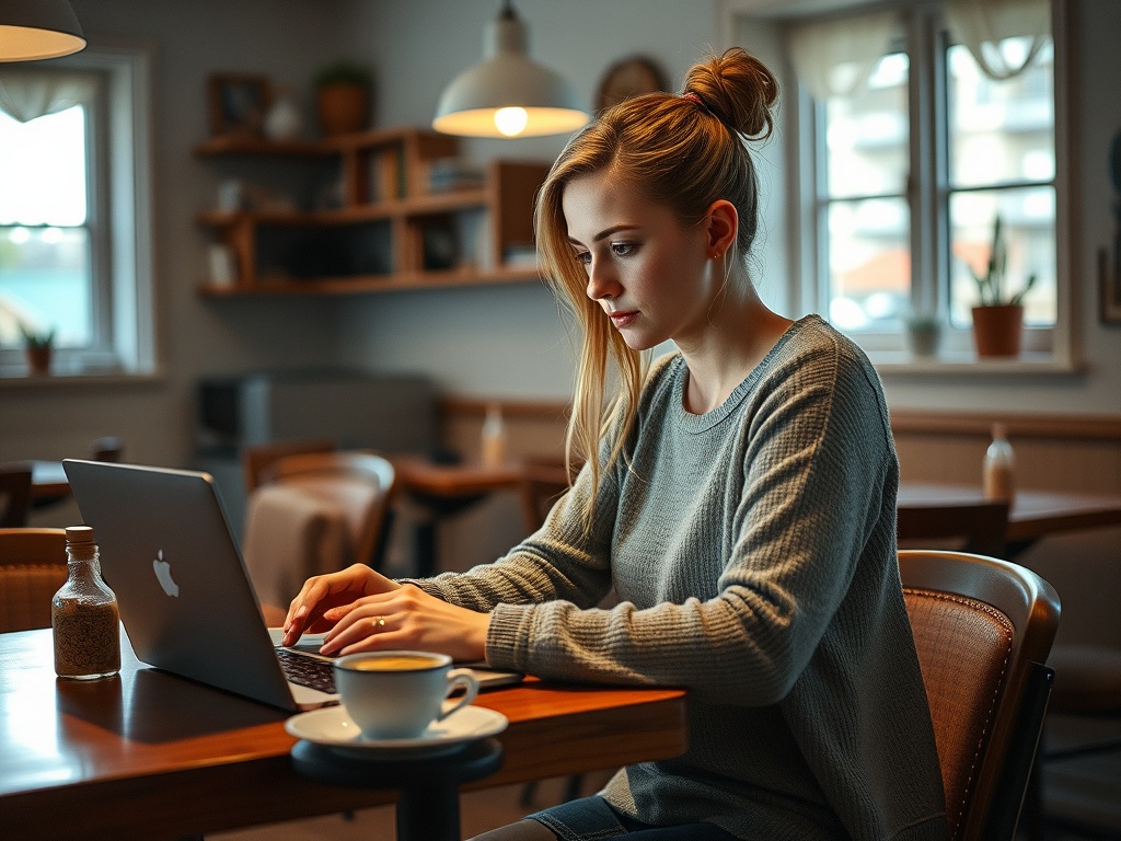 Молодая женщина сидит в кафе и работает за ноутбуком, рядом чашка кофе и небольшая банка.