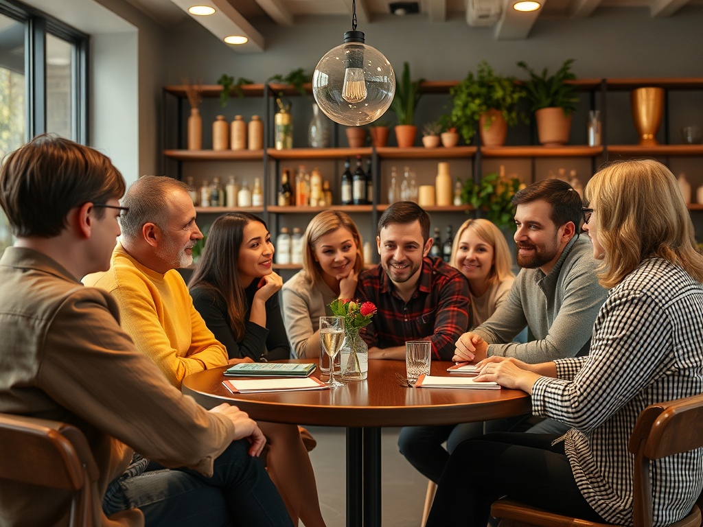 Группа людей обсуждает что-то за круглым столом в уютном кафе с зелеными растениями на фоне.