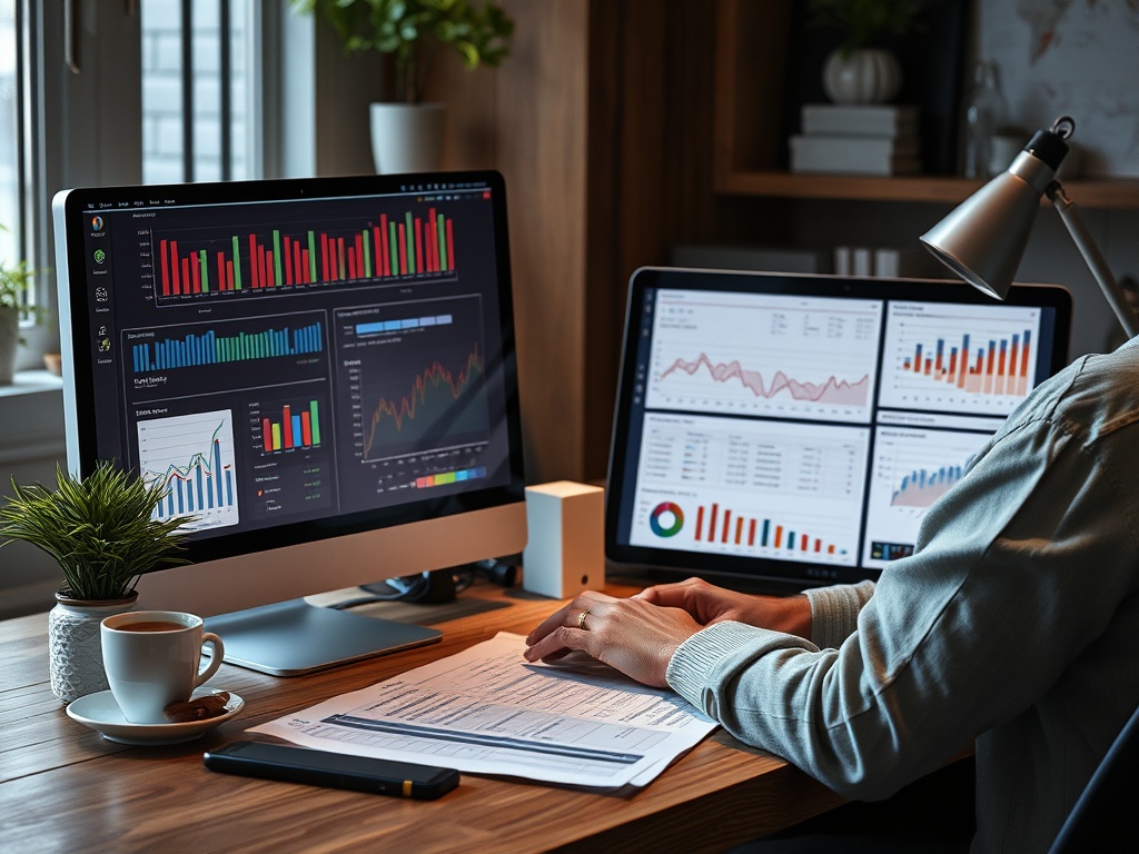Рабочий стол с двумя мониторами, на которых отображаются графики и диаграммы, чашка кофе и документы.