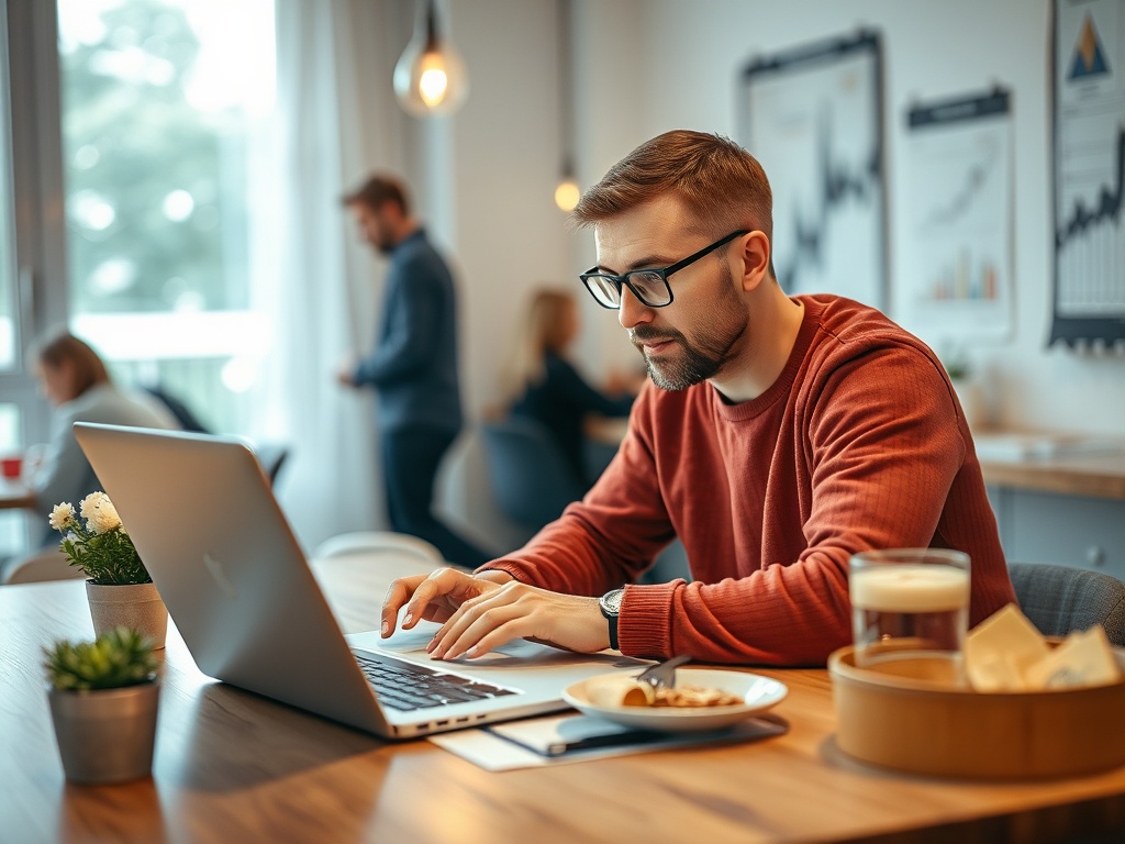Молодой человек в очках работает на ноутбуке в кафе, на столе еда и напитки.