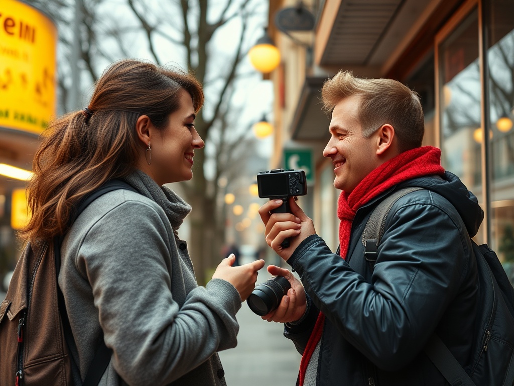 На изображении парень и девушка улыбаются друг другу на улице, держат камеры и наслаждаются моментом.