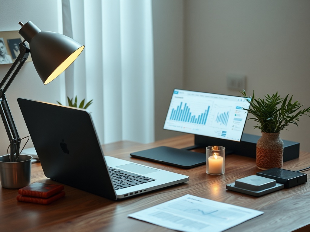 Современный офис: ноутбук, монитор с графиками, настольная лампа, растения и свеча на деревянном столе.