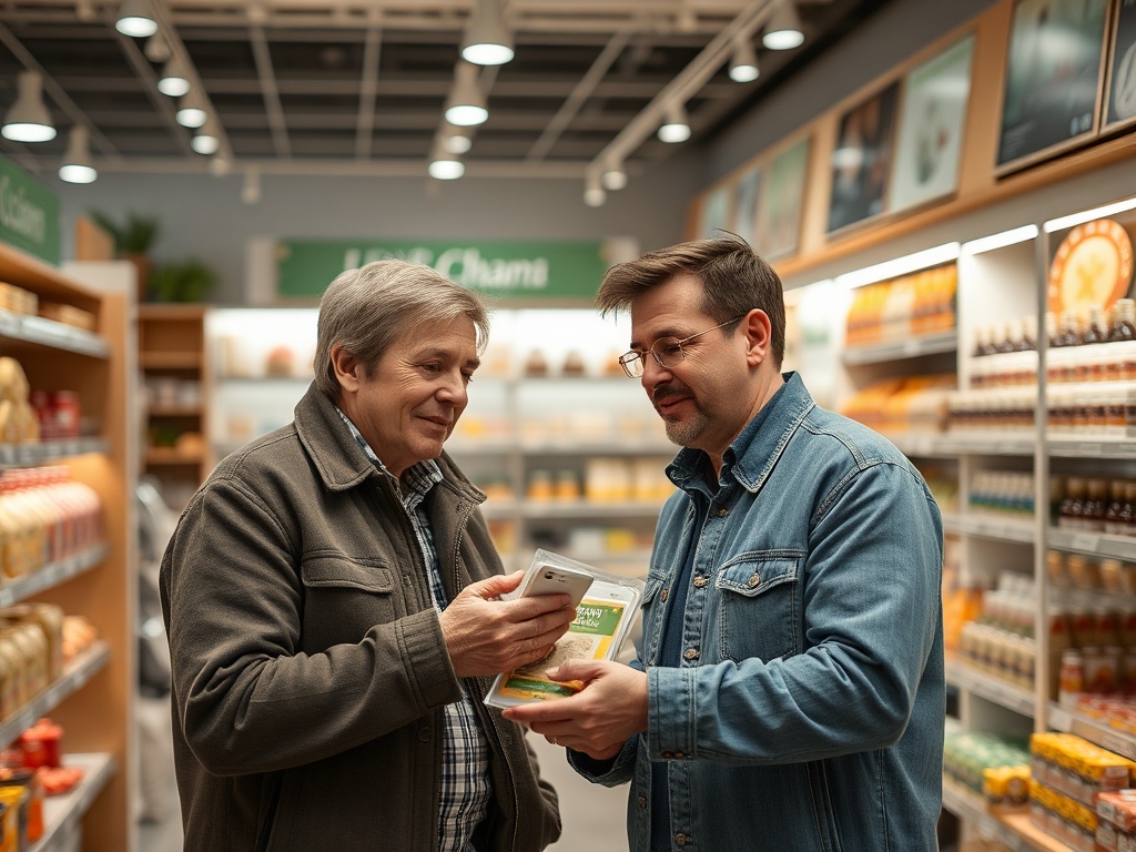 Два мужчины обсуждают продукт в магазине, один показывает информацию на телефоне.