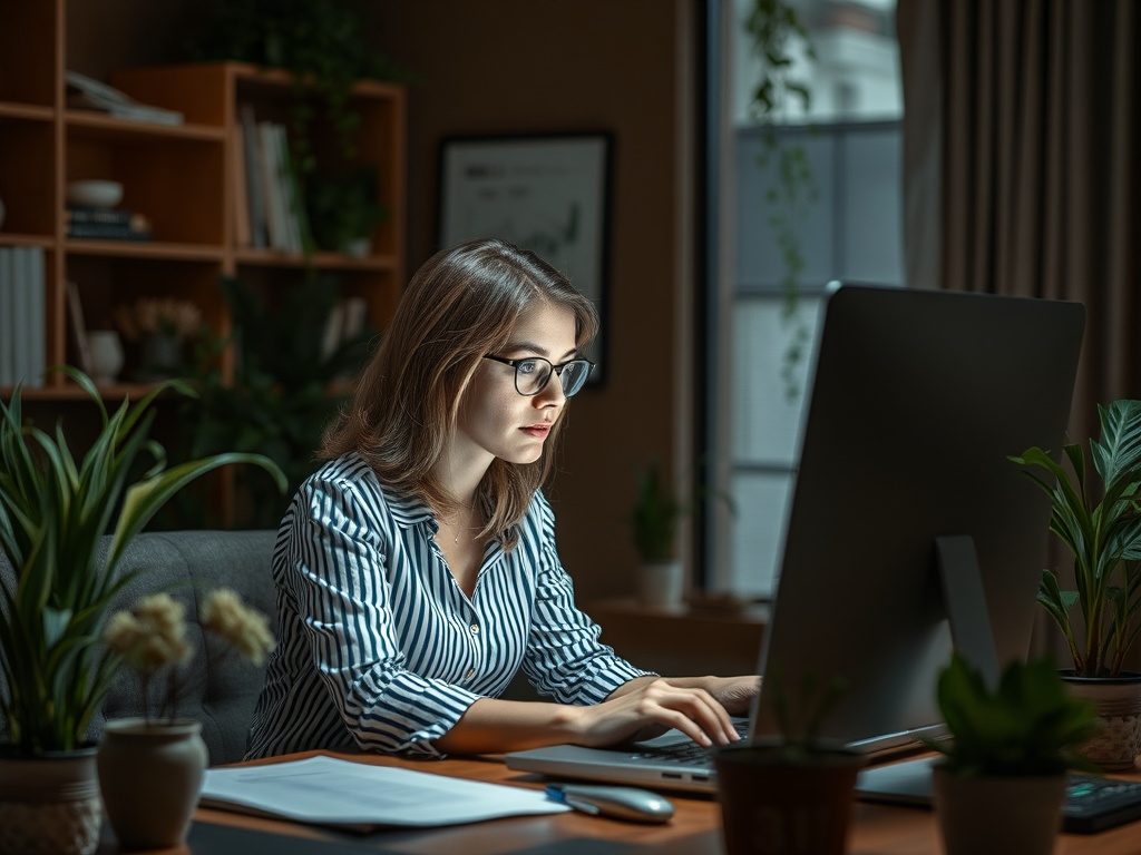 Молодая женщина в полосатой рубашке работает за компьютером в уютном офисе, окруженном зелеными растениями.