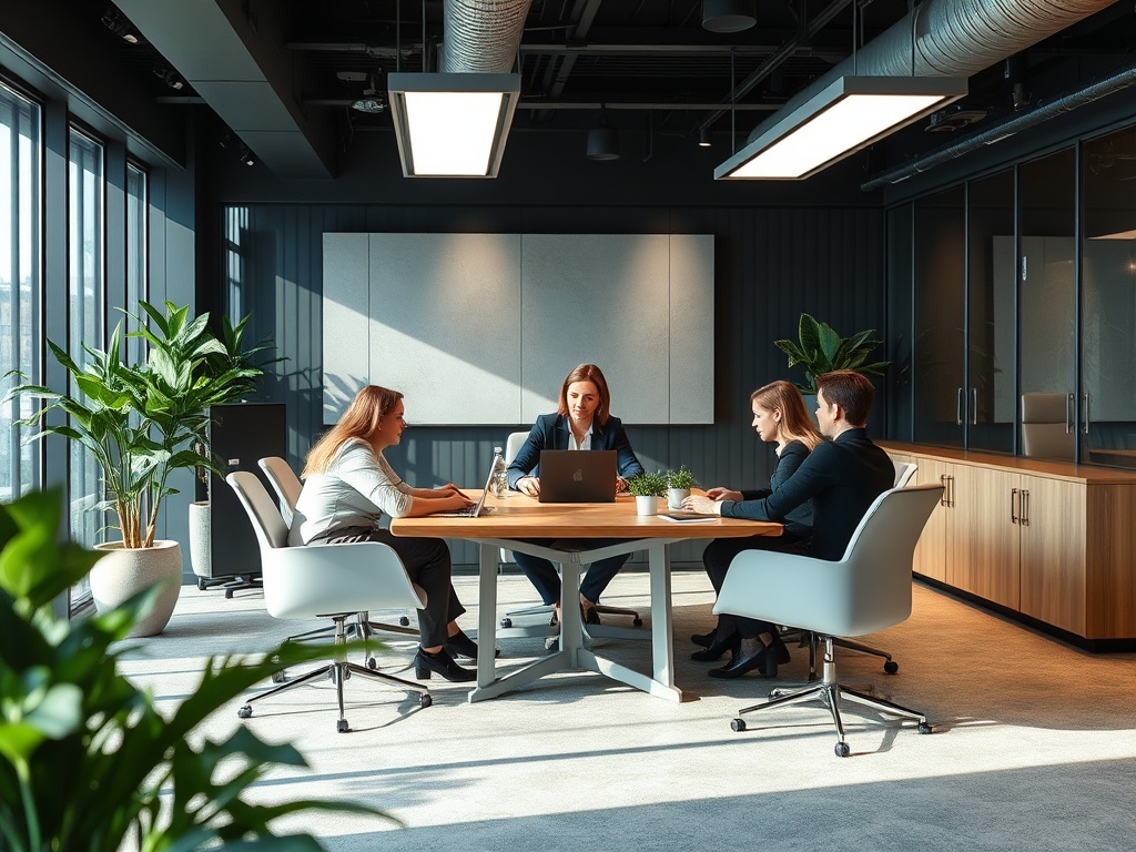 Четыре человека обсуждают на встрече в современном офисе с зелеными растениями и большим столом.