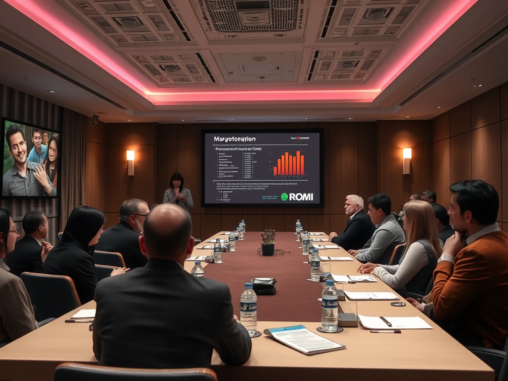 В деловом офисе проходит презентация, участники обсуждают графики и финансовые данные.