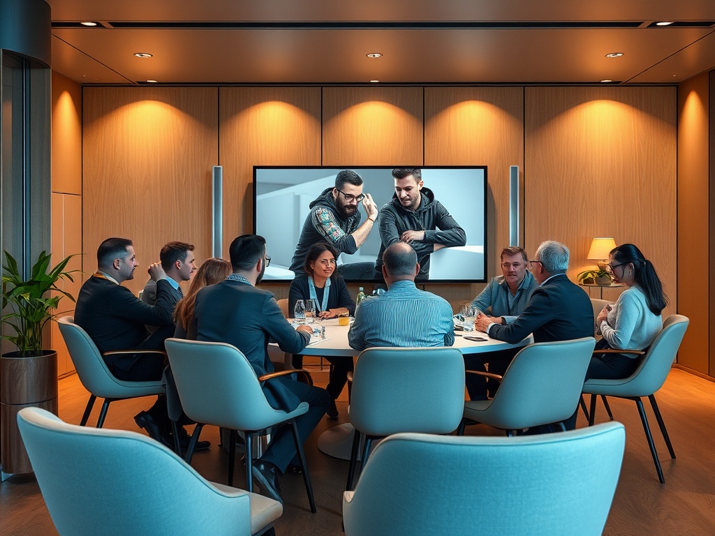 Группа людей на деловой встрече в современном офисе, на экране — изображение двух мужчин.